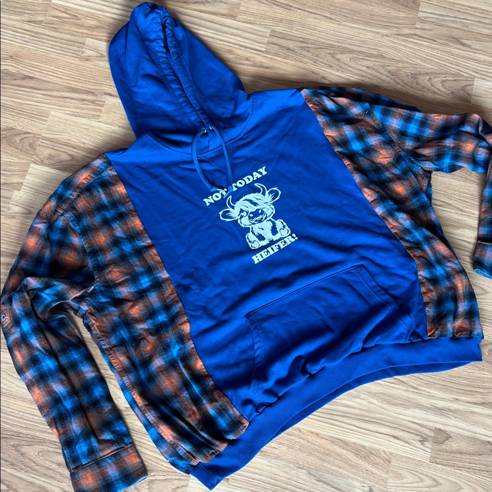 Upcycled hoodie Royal blue/orange plaid with highland cow design
